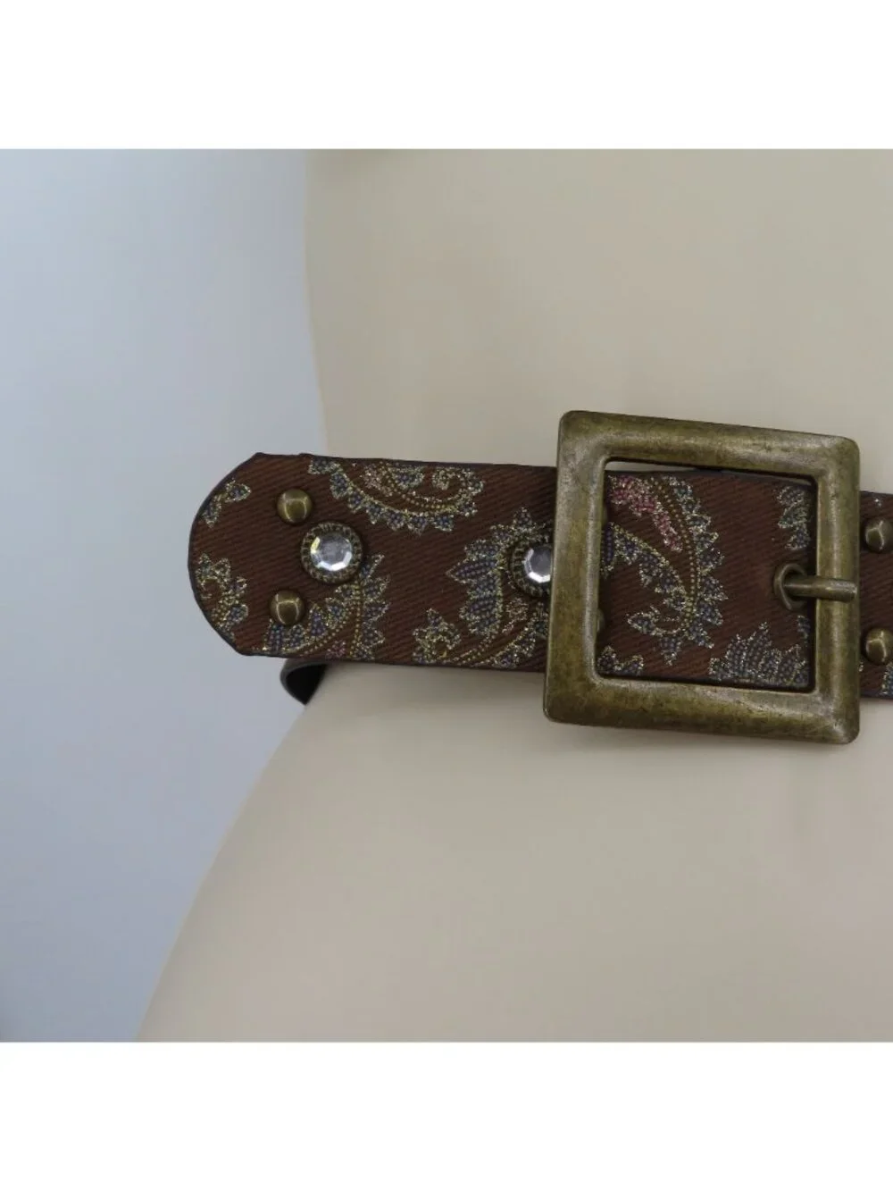 Womens Brown Rhinestone Stud Paisley Metallic Belt Square Buckle 42.75in Long